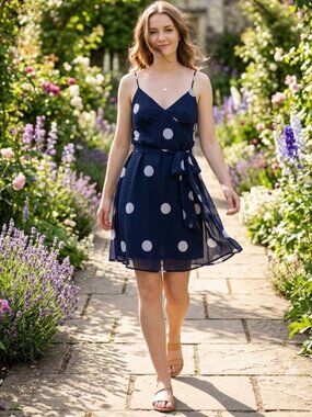 Women's Navy Polka Dot Mini Slip Dress with Spaghetti Straps - Sz Large